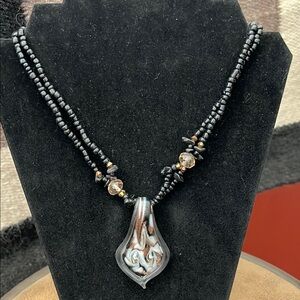 Elegant Black Beaded Necklace with Silver bronze glass Pendant